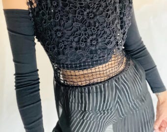 Y2K Black Sheer Lace and Floral Sleeveless Blouse Top - Boho GOTH Fairy Witchy