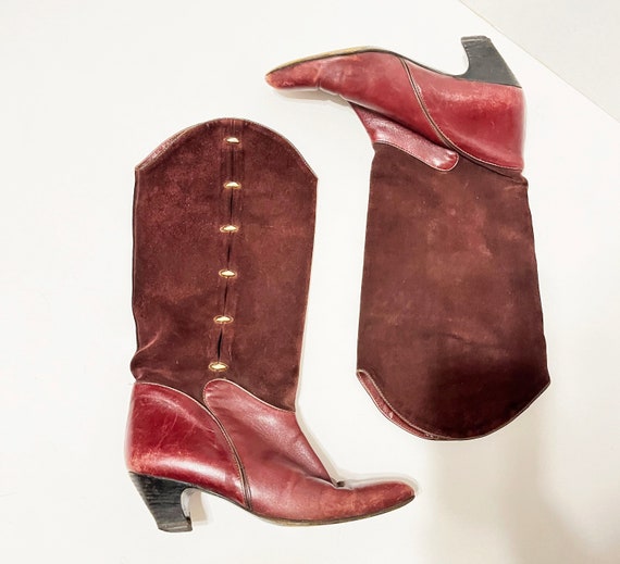 Size 7 Burgundy Suede and Leather WESTERN 80s Tal… - image 1