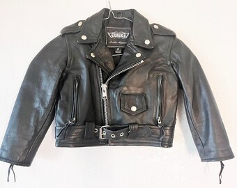 Vintage KIDS Cropped Black Leather Motorcycle Biker Jacket Sz Small - TODDLER 5/6