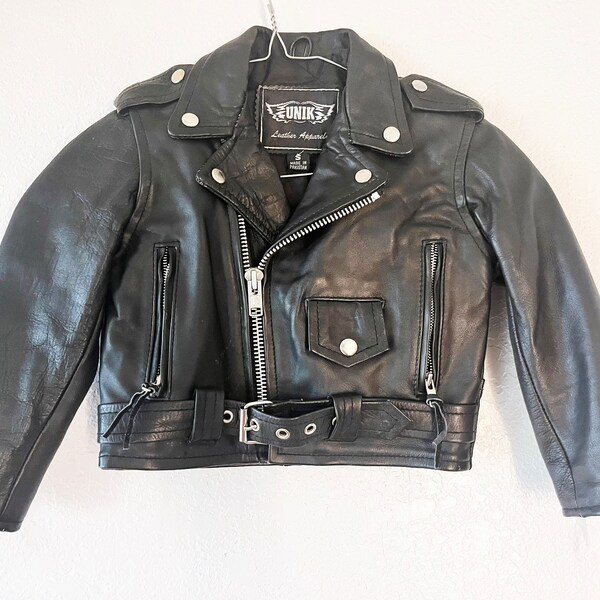 Blouson moto motard court en cuir noir pour enfants vintage, taille petit - Bambin 5/6