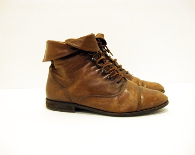 Size 8 Brown FOLD OVER Leather Ankle Boots Womens Vintage Shoes Etsy
