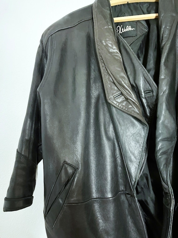 Vintage Black Leather Long BOMBER Jacket 80s OVER… - image 7