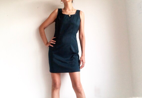 Vintage 90s A-Line Dark Teal Dress - Minimal Mult… - image 1