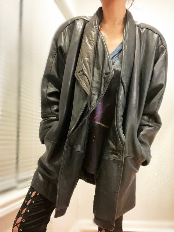 Vintage Black Leather Long BOMBER Jacket 80s OVER… - image 2