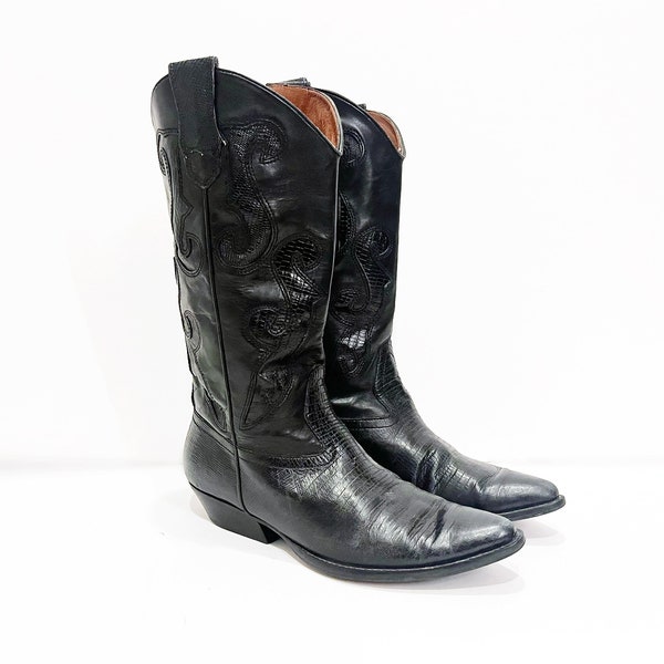 Size 6.5 6  Vintage NINE WEST Black Leather Western Boots + Reptile textured leather