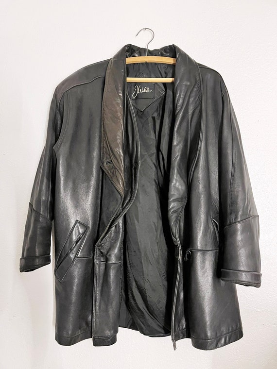 Vintage Black Leather Long BOMBER Jacket 80s OVER… - image 6