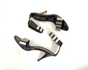 Size 6.5 70's ROCKER CHIC Black Leather and Silver Ankle Wrap Stilettos High Heels Shoes