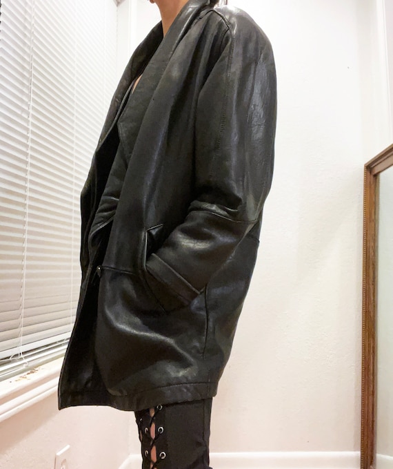 Vintage Black Leather Long BOMBER Jacket 80s OVER… - image 5