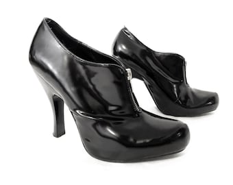 Size 8.5 Black Patent Y2K DOMINATRIX Platform Zipper Stiletto Ankle Boots