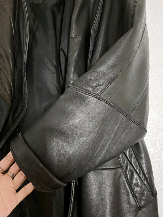 Vintage Black Leather Long BOMBER Jacket 80s OVER… - image 8