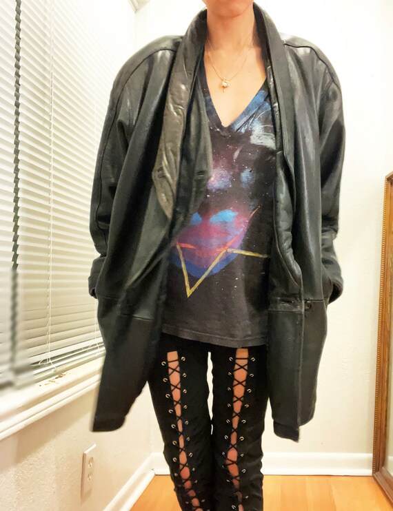 Vintage Black Leather Long BOMBER Jacket 80s OVER… - image 3