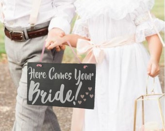 Here Comes The Bride Sign - Wood Wedding Sign - Here comes Your Bride Sign - Sign for Ring Bearer - Flower Girl Sign - Modern Wedding