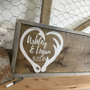 Hook and Antler Wood Guest Book Alternative Fish Hook and Antler Heart Wedding Sign Custom Wedding Guestbook Deer Horn Rustic Sign image 5