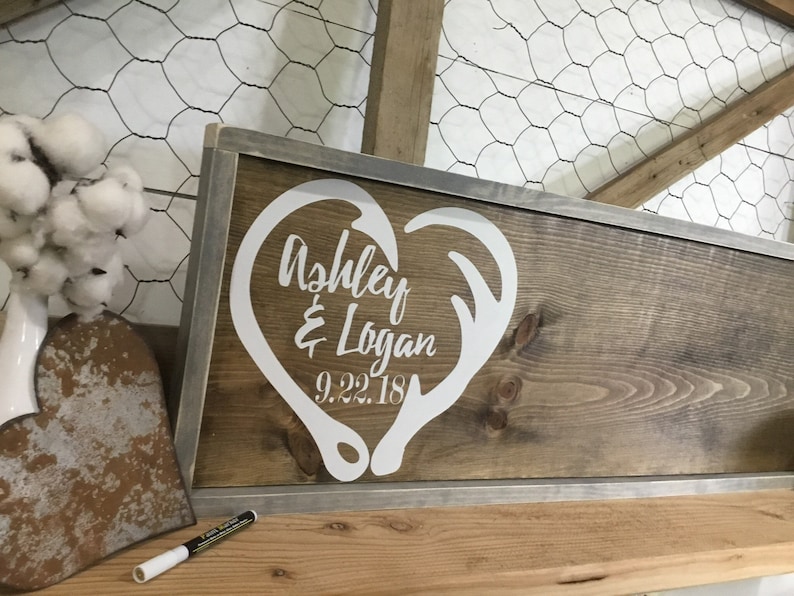 Hook and Antler Wood Guest Book Alternative Fish Hook and Antler Heart Wedding Sign Custom Wedding Guestbook Deer Horn Rustic Sign image 5