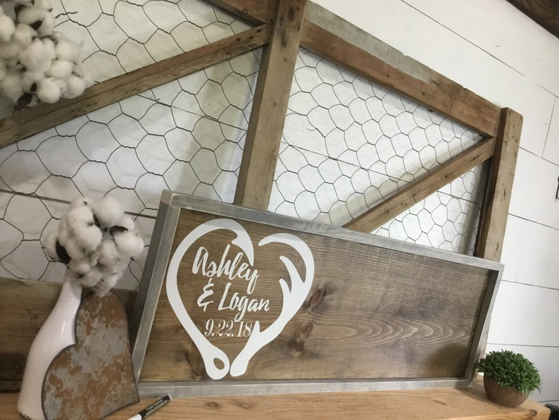 Hook and Antler Wood Guest Book Alternative Fish Hook and Antler Heart Wedding Sign Custom Wedding Guestbook Deer Horn Rustic Sign image 6