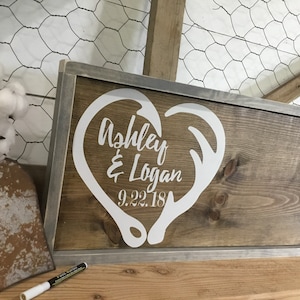 Hook and Antler Wood Guest Book Alternative Fish Hook and Antler Heart Wedding Sign Custom Wedding Guestbook Deer Horn Rustic Sign image 1