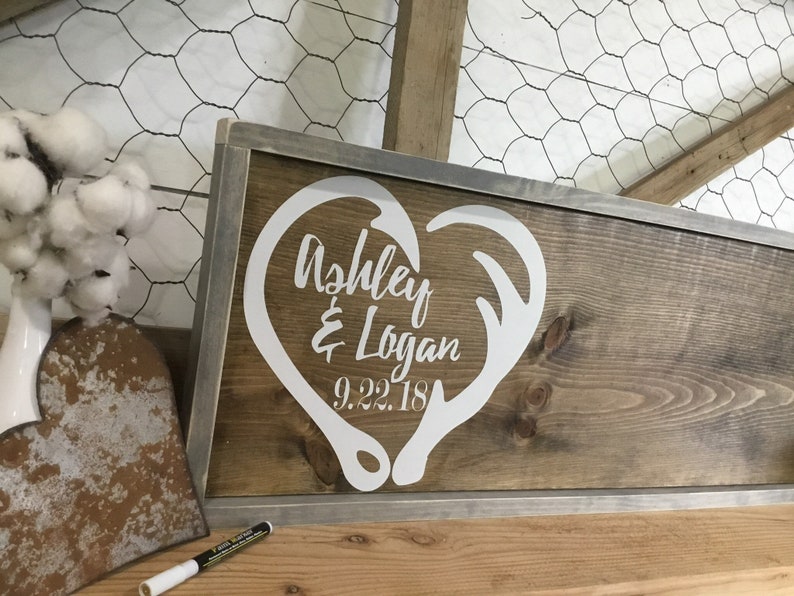 Hook and Antler Wood Guest Book Alternative Fish Hook and Antler Heart Wedding Sign Custom Wedding Guestbook Deer Horn Rustic Sign image 1