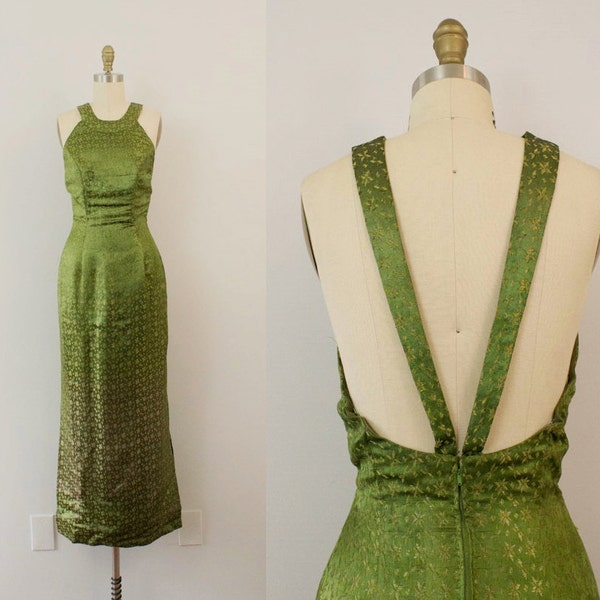 1950s Golden Bayou metallic floral chartreuse dress / 50s sultry elegance