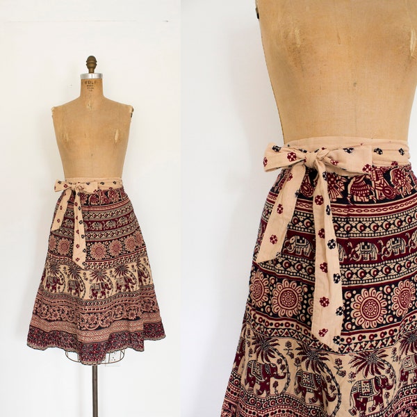 1970s Walk of Elephants indian cotton wrap skirt / 70s autumn neutrals
