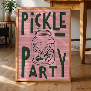 Pink Pickle Party Print - Gurken Poster - Quirky Food Wandkunst - Küchen Fensterbank - Geschenk für Pickle Liebhaber - Trendige Ästhetik - BFF Geschenk