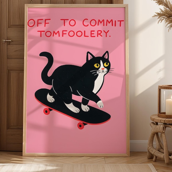 Pôster "A caminho da loucura" - Decoração moderna para sala de estar - Arte de parede divertida - Pôster moderno de arte pop - Arte de gato de smoking - Presente fofo para amantes de gatos
