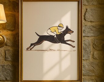 Doberman Jockey Print - Quirky Animal Decor - Funny Dog Poster - Horse Racing Gift - Minimalist Living Room Wall Art - Gift For Dog Lovers