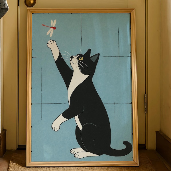 Pôster de Gato Japonês de Smoking - Impressão Vintage de Libélula - Arte Japonesa de Gato - Arte de Parede com Gato Brincalhão - Presente para Amantes de Gatos - Decoração de Sala de Estar