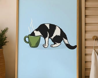 Kat en mok print - retro keuken kunst aan de muur - kat drinkt koffie - grappige kat kunst - kat drinkt thee - bar kar decor - koffieliefhebber cadeau