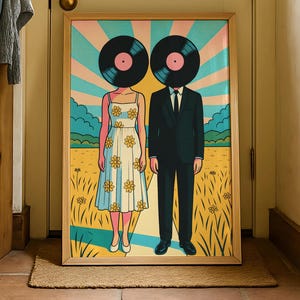 May include: A framed art print depicting two figures with vinyl record heads. One wears a floral dress, the other a suit. The background shows a field with a rising sun and blue sky.