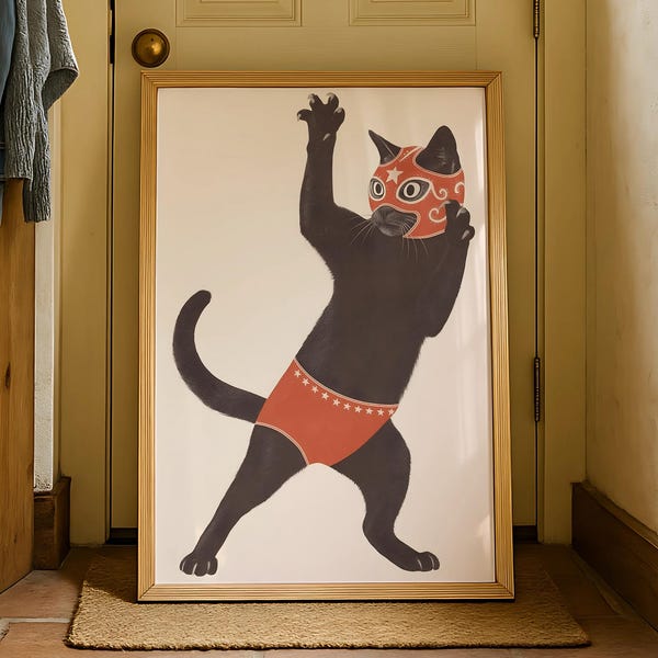 ルチャドールレスリングキャットプリント - 面白い動物のウォールアート - 猫好きの方へのユニークなギフトアイデア - レスラーの装飾 - 風変わりな黒猫のポスター - モダンアート