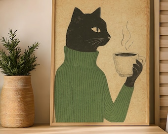 以下が含まれることがあります： 緑のタートルネックセーターを着た黒猫が、湯気の立つコーヒーカップを持っているフレーム入りアートプリント。猫はベージュの背景を背景に横顔で描かれています。アートワークは木製のフレームに収められています。