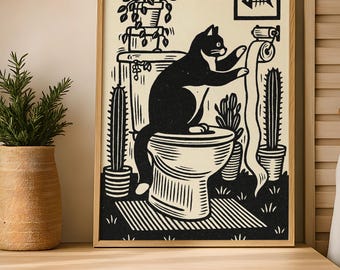 Impresión de gato en esmoquin en linóleo para baño - Arte mural divertido de animales - Decoración de baño - Póster humorístico para baño - Póster de papel higiénico para gatos - Amantes de los gatos