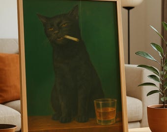 May include: Framed artwork featuring a black cat with a cigarette in its mouth and a glass of amber liquid. The cat is set against a green background. The frame is made of light-colored wood. The artwork is displayed on a wooden table.