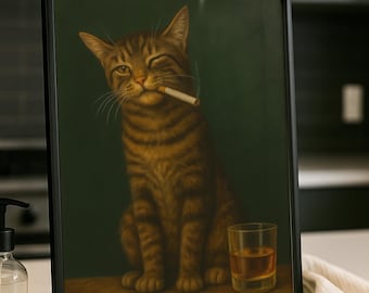 Impression de chat vintage avec une cigarette - affiche rétro de whisky - art mural chat tigré brun - décoration murale humour noir - peinture à l'huile de chat du milieu du siècle
