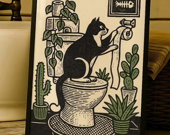 Linocut Tuxedo Cat Toilet Print - Funny Animal Wall Art - Bathroom Decor - Quirky Cat Art - Humorous Toilet Poster - Cat Toilet Paper Poster