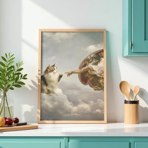 Poster con gatto "Creazione di Adamo" - Decorazione parodia meme - Poster con animali divertenti - Stampa artistica - Arte classica - Regali a tema gatto - Galleria d'arte murale