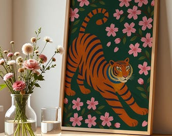 Lucky Tiger Art Print: Japanese Botanical Poster, Modern Wall Decor