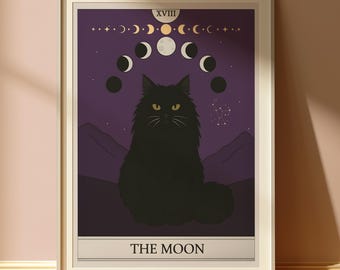 The Moon Cat Print - Tarot Card Poster - Art Nouveau Style Wall Art - Vintage Tarot Poster - Apartment Decor - Unique Cat Gift - Witchy Art