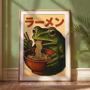 Ramen Frog Poster - Japanese Wall Decor - Kitchen Wall Art - Frog Eating Ramen Print - Neutral Japandi Aesthetic - Ramen Noodles Print