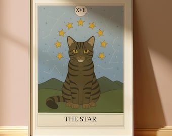 The Star Tabby Cat Print - Tarot Card Poster - Art Nouveau Style Wall Art - Vintage Tarot Poster - Apartment Decor - Unique Witchy Cat Gift