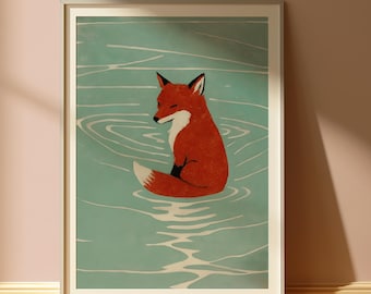 Red Fox In The River Poster - Vintage Animal Wall Art - Japanese Woodblock Print - Scandinavian Artwork - Anime Art - Minimalist Decor