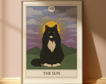 The Sun Black Cat Print - Tarot Card Poster - Art Nouveau Style Wall Art - Vintage Tarot Poster - Apartment Decor - Unique Witchy Cat Gift