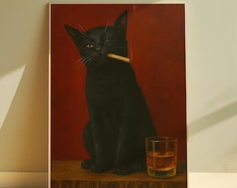 Impression de chat vintage avec une cigarette - affiche rétro de whisky - art mural chat noir - décoration murale humour noir - peinture à l'huile de chat du milieu du siècle