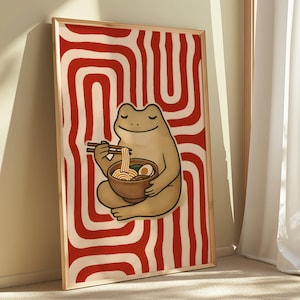 Retro Ramen Frog Poster - Japanese Wall Art - Kitchen Wall Decor - Frog Eating Ramen Print - Neutral Japandi Aesthetic - Ramen Noodle Print