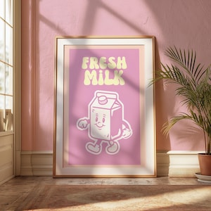 Pôster de cozinha retrô de caixa de leite fresco - Arte de parede descolada - Impressão kawaii rosa - Arte de comida vintage - Decoração de bar - Cozinha divertida - Clima de café fofo