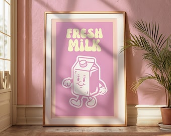 Impresión de cocina con cartón de leche retro: arte culinario kawaii y divertido
