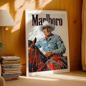 Poster Marlboro Cowboy e Cavallo - Stampa Cowboy - Arte murale funky - Arte Cowboy Vintage - Stampe retrò - Decorazione da parete per ingresso - Poster Marlboro