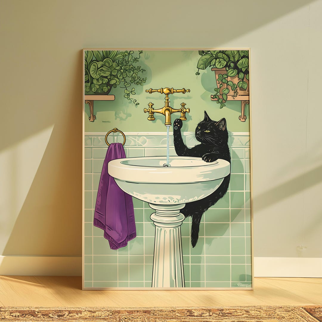 Black Cat in Sink Poster: Whimsical Bathroom Wall Art - Etsy