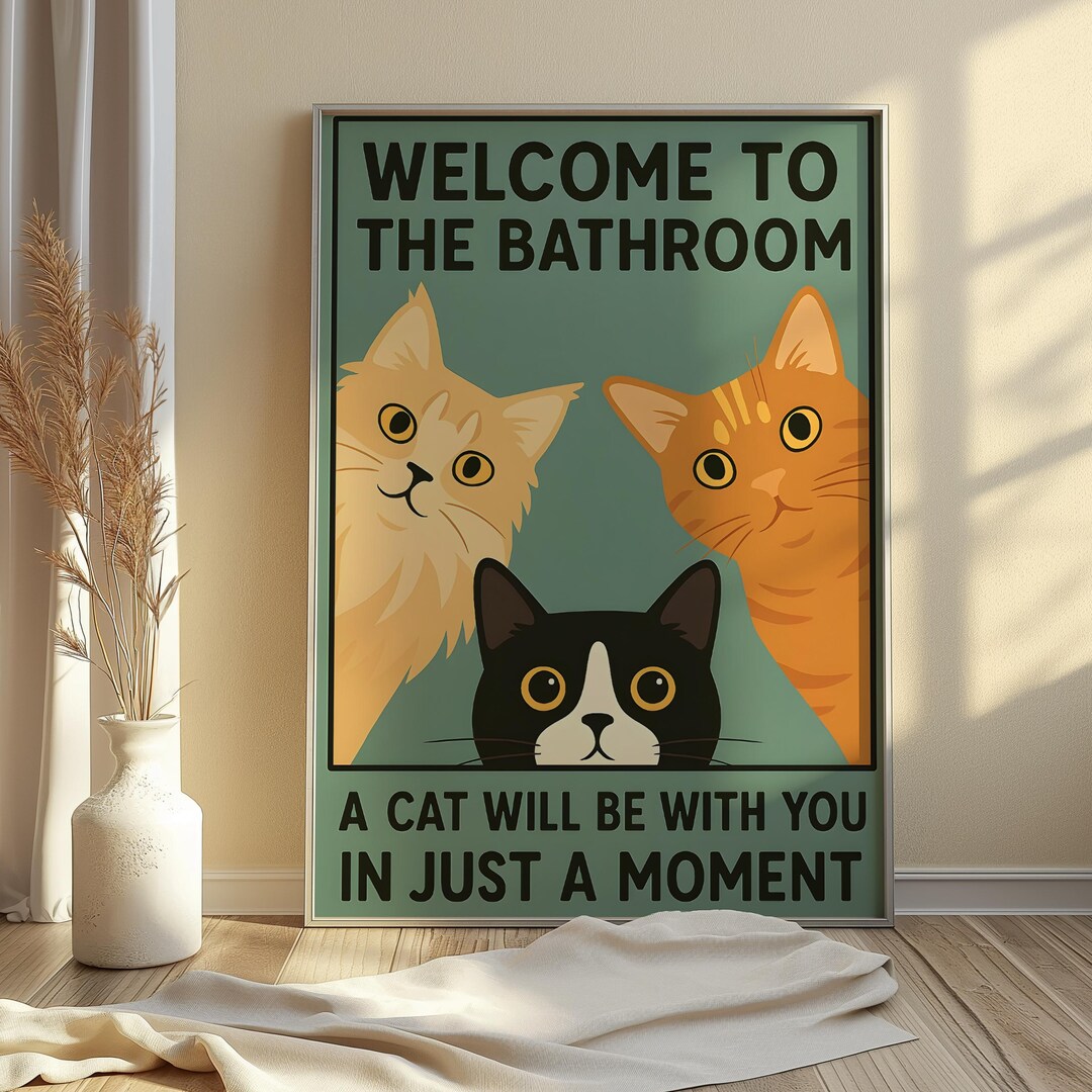 Funny Cat Bathroom Print: Quirky Vintage Style Wall Art - Etsy