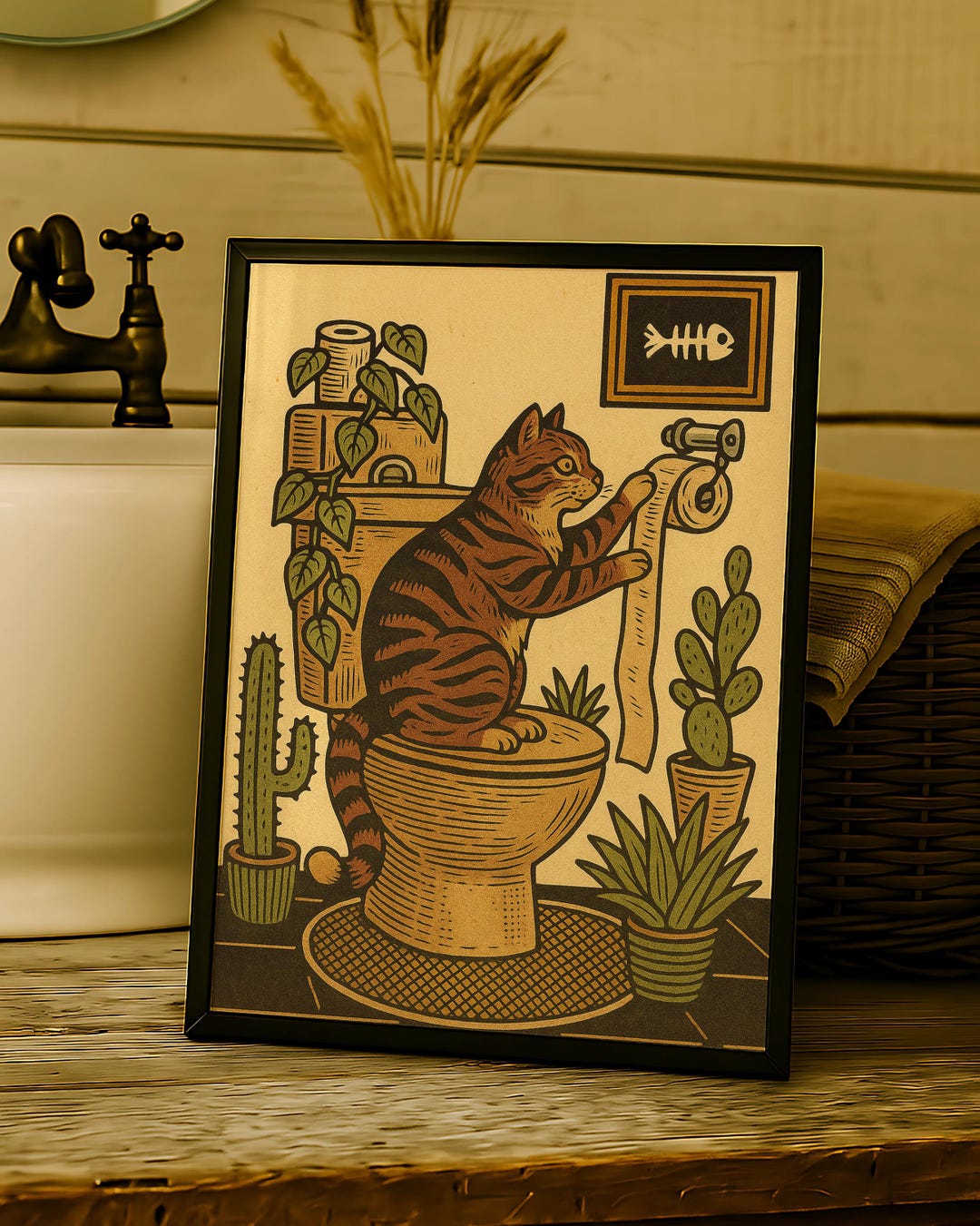 Linocut Tabby Cat Toilet Print - Funny Animal Wall Art - Bathroom Decor ...